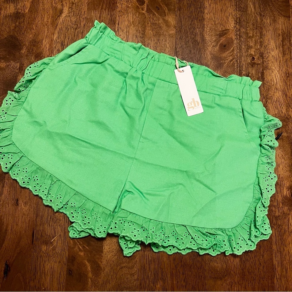 NWT Gb Girls High Rise Green Ruffle Hem Paper Bag Eyelet Shorts Girls XL 16 New